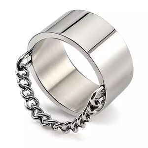 Silver Dangling Curb Chain Wide Stainless Steel Statement Band Ring NEW